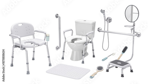 Bathroom setup with adaptive equipment on a white background designed to assist older adults practicing daily grooming tasks safely during occupational therapy.