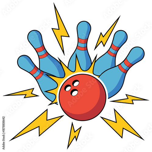 Bowling Pins and Red Ball vibrant illustration surrounded by yellow lightning bolts, dynamic sports energy concept on white background.