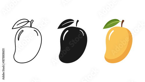 Three apples in different illustration styles outline black and colored on a white background