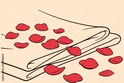 red rose petals scattered on white fabric sheets