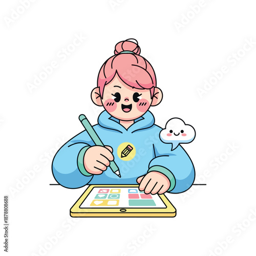 A girl uses a digital tablet with a stylus and smiling.