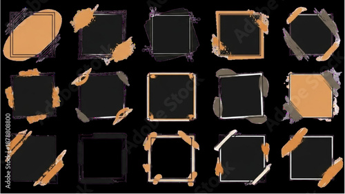 Collection of assorted frames and borders on black background viewed from directly above