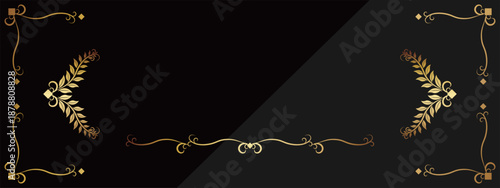 高級感のある葉っぱのバナー背景　ブラック＆ゴールド