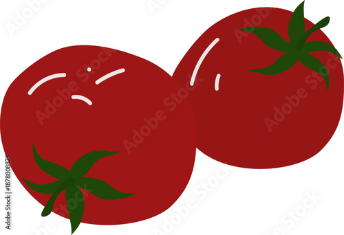 Two fresh red tomatoes with green stems. Flat vector clipart, perfect for healthy recipe blogs, grocery, summer themes, or minimalist food branding designs.