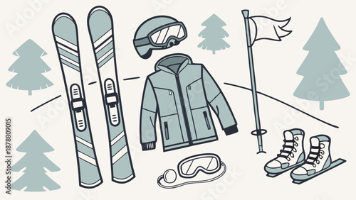 Winter Ski Equipment Flat Lay for Snow Sports Vacation Advertising Web Design and Seasonal Outdoor Recreation Promotion