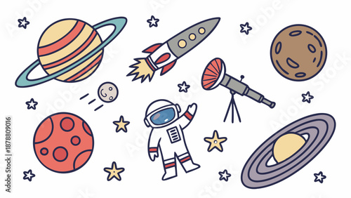 Cute Space Exploration Icons Rocket Astronaut Planets Telescope for Kids Education Science Web Design Projects