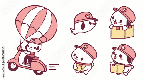 Cute Dog Delivery Service Mascot Parachuting and Riding Scooter for Happy Package Shipping and Logistics
