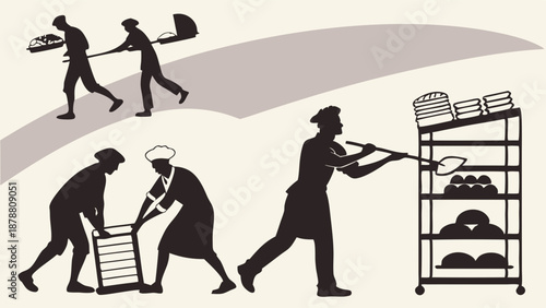 Bakers Working Hard Loading Ovens with Bread Dough on Baking Sheets for Fresh Production and Delivery