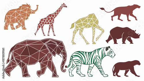 Geometric Low Poly Safari Wildlife Animals Collection for Zoo Education Design or Nature Themed Web Graphics