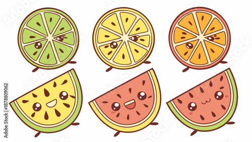 Cute Kawaii Fruit Slices Lime Lemon Orange Watermelon for Summer Food Design Kids Menu Web Graphics