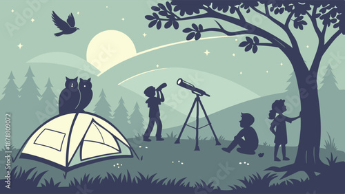 Family Camping Night Stargazing Astronomy Kids Observing Stars with Telescope Outdoors Adventure