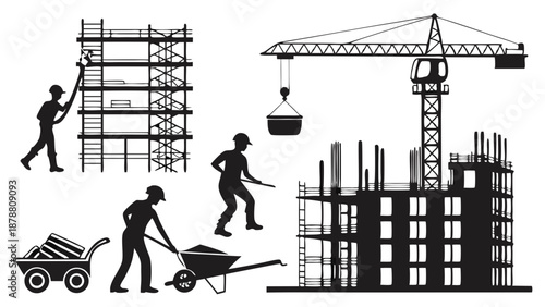 Construction Workers Building High Rise Structure Silhouettes Crane Scaffolding for Development Projects and Industry Advertising