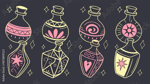 Mystical Potion Bottles Set Magic Elixir Vials for Witchcraft Alchemy Game Design Potion Ingredient Icons