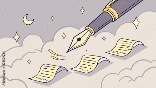 Magical Fountain Pen Writing Dreams on Clouds for Creative Storytelling Writing Projects and Nighttime Inspiration
