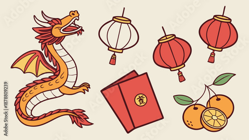 Vibrant Chinese New Year Celebration Icons Dragon Lanterns Red Envelopes Oranges for Festive Holiday Web Design and Print Projects