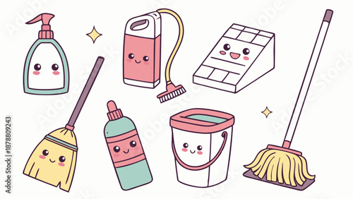 Kawaii Cleaning Supplies Set Mop Bucket Soap Vacuum for Household Chores Design Projects Fun Joyful Atmosphere