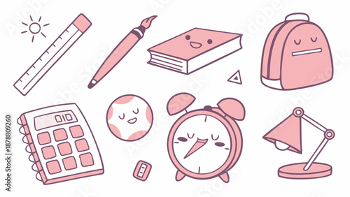 Cute Kawaii School Supplies and Stationery Icons for Education Website Design and Learning App Graphics