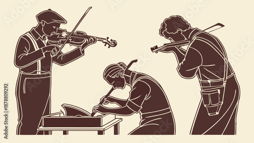Folk Musicians Playing Fiddle and Flute for Cultural Event Promotion Website Design Joyful Performance