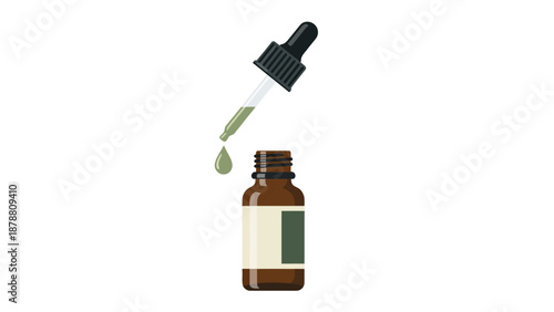 Dropper dispensing liquid into a brown glass bottle with labels