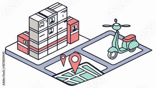 Isometric Delivery Logistics with Scooter Map Pin Warehouse Stock for E-commerce Shipping Tracking App Interface Design