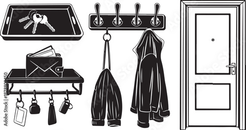 Black and white illustration of entryway organization system tools
