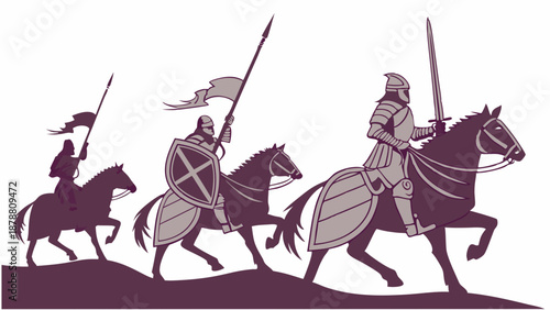 Medieval Knights Cavalry Marching Forward Historical Illustration for Gaming Web Design or Fantasy Book Cover Design
