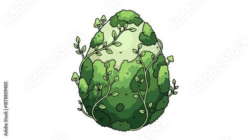 Eggshaped mound covered in greenery vines and mushrooms
