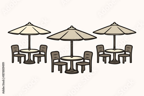 outdoor cafe seating with umbrellas and chairs illustration