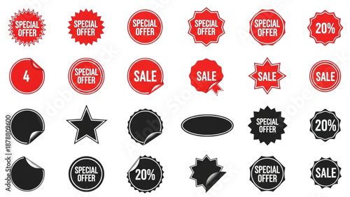 Collection of red and black sale stickers and labels on a clean background viewed from directly above