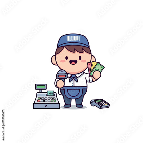 Cartoon cashier holding money and using a card reader at a store checkout.