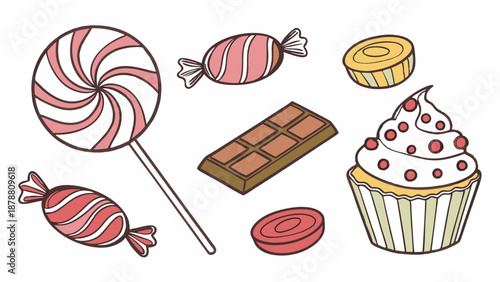 Assorted Colorful Candies Lollipop Chocolate Bar Cupcake Sweets Collection for Party Design Web Banners