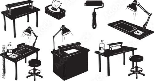Office workspace setup with desk lamps and stools illustration