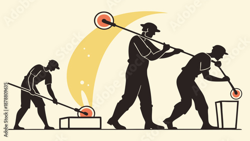 Artisan Glassblowers Shaping Molten Glass with Traditional Tools Demonstrating Craftsmanship and Skill in Workshop Setting