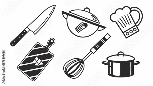 Black and White Kitchen Utensils Icons Chef Knife Whisk Cutting Board for Cooking Recipe Design