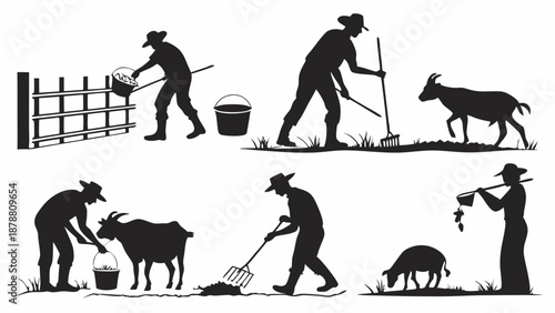 Rural Farmer Silhouettes Feeding and Milking Goats and Sheep for Agriculture Web Design and Farm Life Illustration