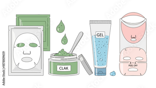 Facial skincare products including sheet masks gel and cream in containers