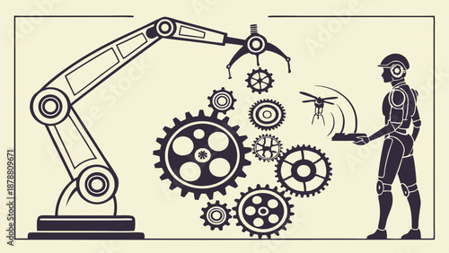 Industrial Robotic Arm and Android Operator Controlling Drone with Gears Symbolizing Automation, Manufacturing, and Future Technology Integration