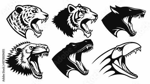 Fierce Predator Heads Set Tiger Saber-Tooth Dinosaur Roaring for Gaming Logos Mascot Design