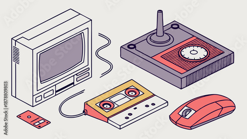 Retro Gaming Tech Isometric Illustration for Nostalgic Web Design and Vintage Tech Blog Content Creation