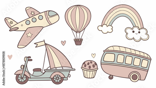 Cute Pastel Travel Transportation Icons for Nursery Decor Baby Shower Invitations Kids Birthday Party Design Elements