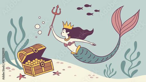 Mythical Mermaid Queen Guarding Underwater Treasure Chest with Gold Coins for Fantasy Storybook Design or Kids Game Adventure