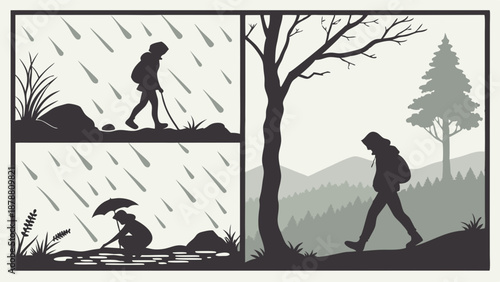 Hikers Enduring Rain and Sunshine on Mountain Trail for Outdoor Adventure and Resilience Web Design Illustration