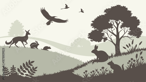 Wildlife Ecosystem Silhouette Scene for Nature Education Conservation Ecology Design Projects Outdoor Adventure Backgrounds