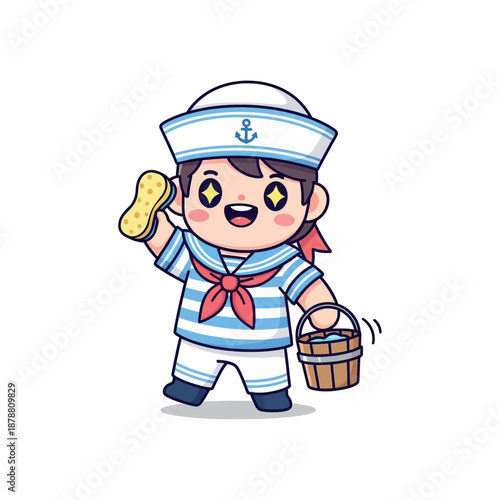 A cheerful cartoon boy in a sailor outfit happily holds a dog treat.
