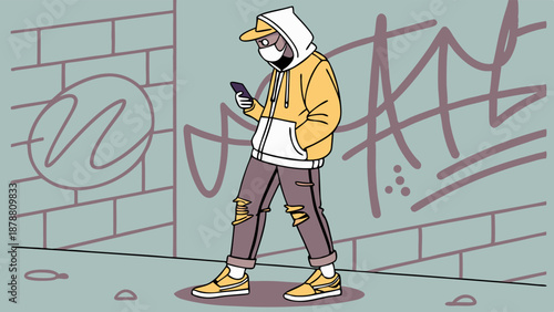 Urban Teenager Wearing Hoodie and Mask Texting on Smartphone Walking Past Gritty Graffiti Wall for Youth Culture Content