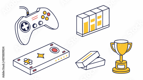 Isometric Gaming Icons for Esports Competition Victory Achievement Design Elements for Web Banners and App Interfaces