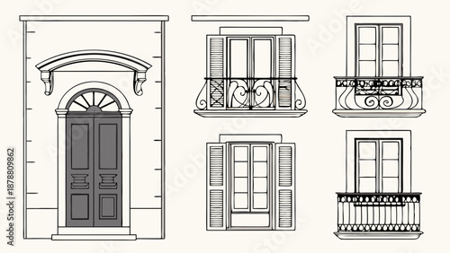 Classic Architectural Elements Set Doorway Wrought Iron Balconies Windows for Facade Design Projects