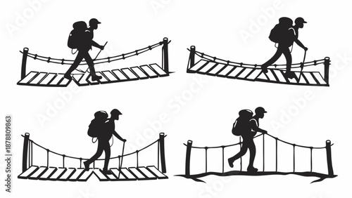 Hikers Crossing Dangerous Rope Bridges Illustrating Risk Taking Challenge and Adventure Travel Success