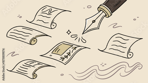 Vintage Quill Pen Writing on Scrolls Documents for Creative Storytelling Content Creation and Historical Record Keeping