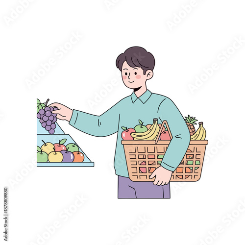 Man choosing grapes at market with basket of fresh fruit